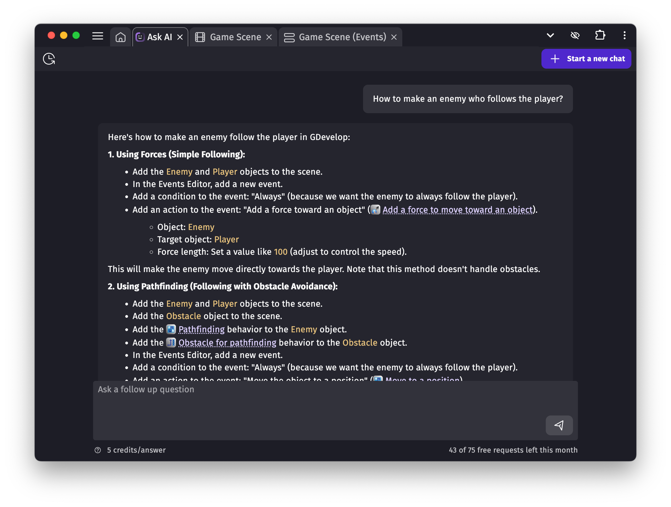 A conversation with the AI chat